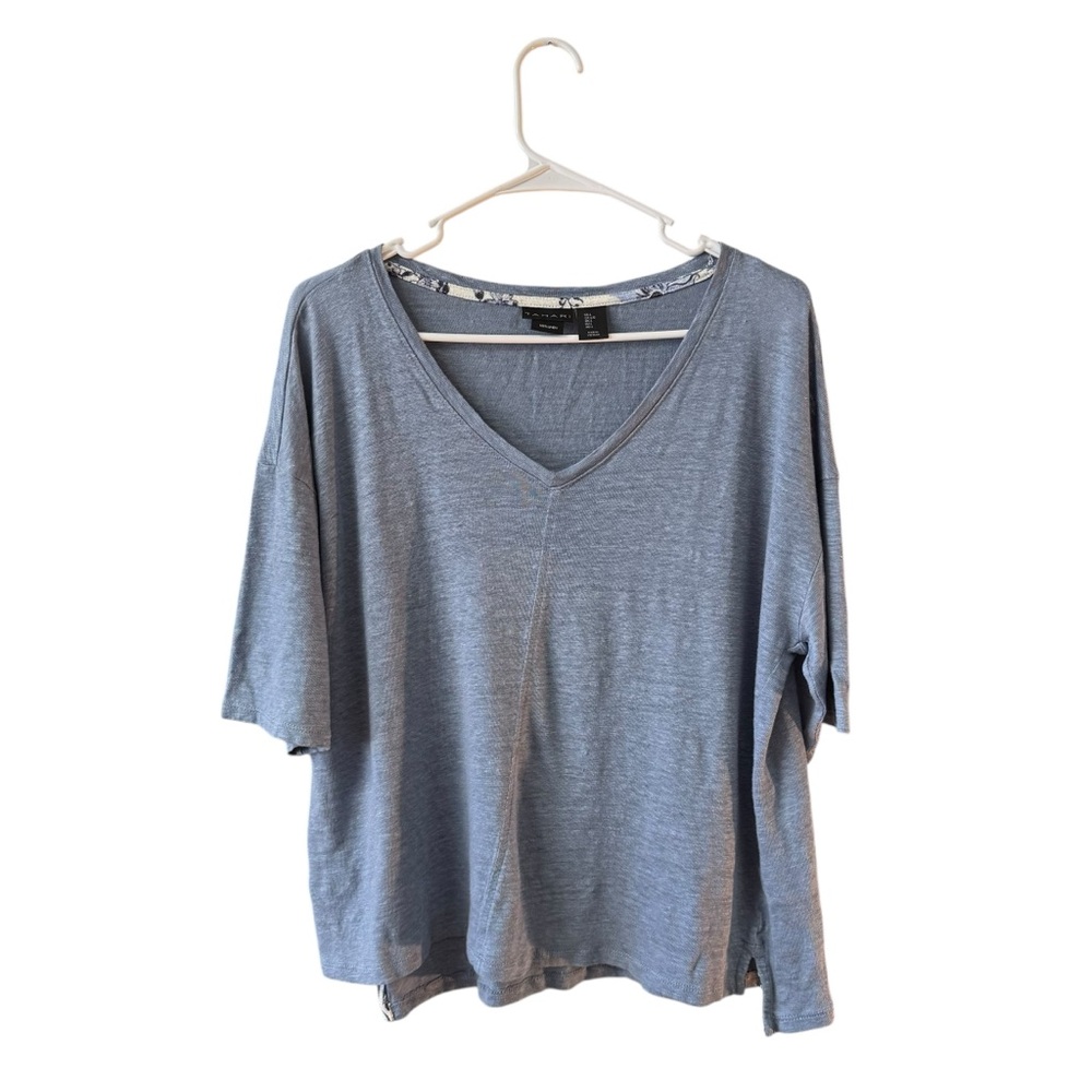 Tahari 100% Linen‎ Boxy Crop Shirt Top Size LG Light Blue Casual Resort Coastal